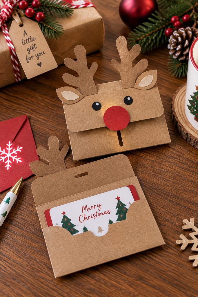 Folded reindeer gift card wallet made from thin kraft packaging board.