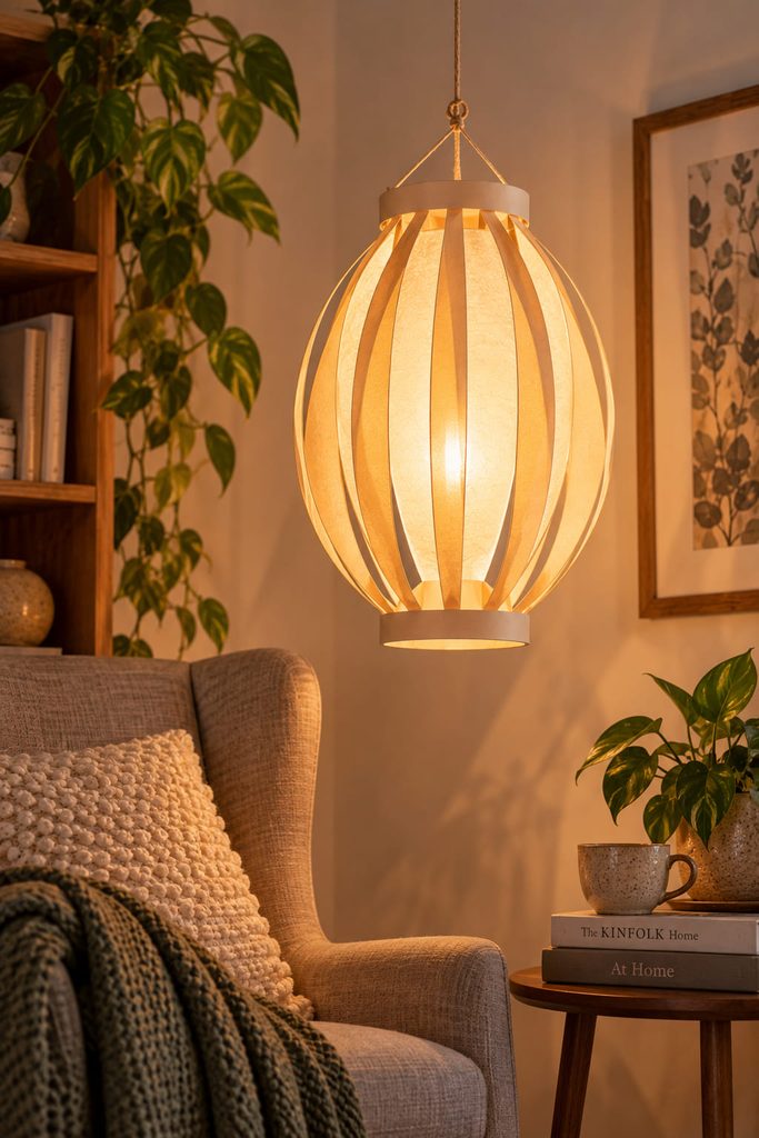 Suspended ribbed paper cocoon lantern glowing beside a reading chair.