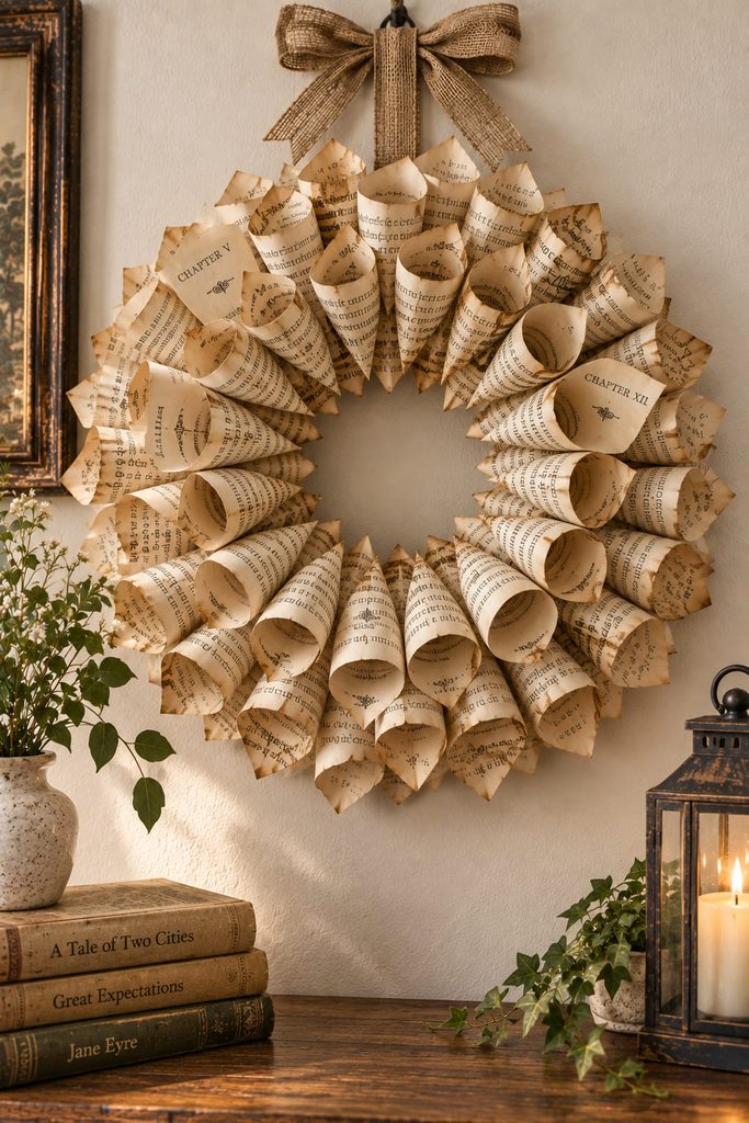 Circular wall wreath built from overlapping cones rolled from aged printed pages.