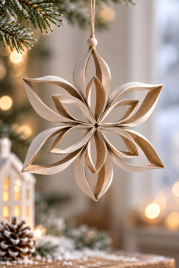Dimensional cardboard-tube snowflake with gently raised petal tips hanging against a warm neutral background.