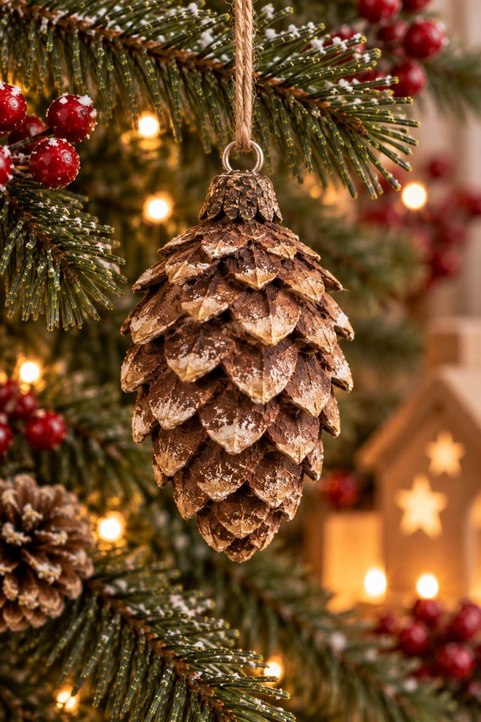 Sculpted paper-mache pinecone ornament with shallow overlapping paper-pulp scales.
