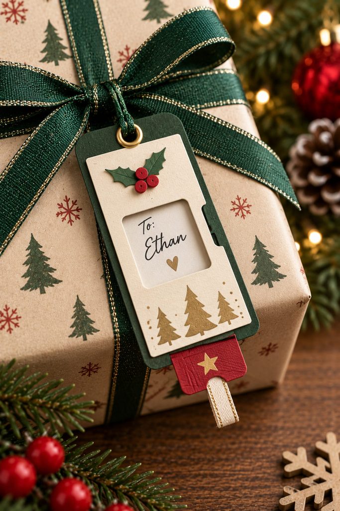 Layered paper slider tag with a pull tab and reveal window on a wrapped gift.