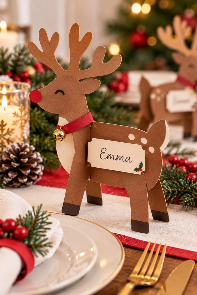 Slotted construction-paper reindeer standing upright beside a Christmas place setting.