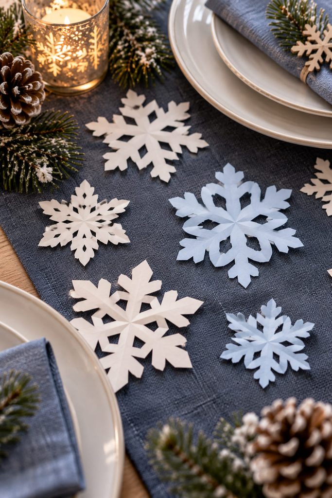 Mini paper snowflakes with staggered notches arranged across a winter table setting.