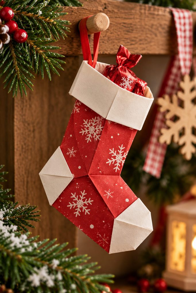 Red folded stocking pocket holding one small wrapped Christmas sweet.