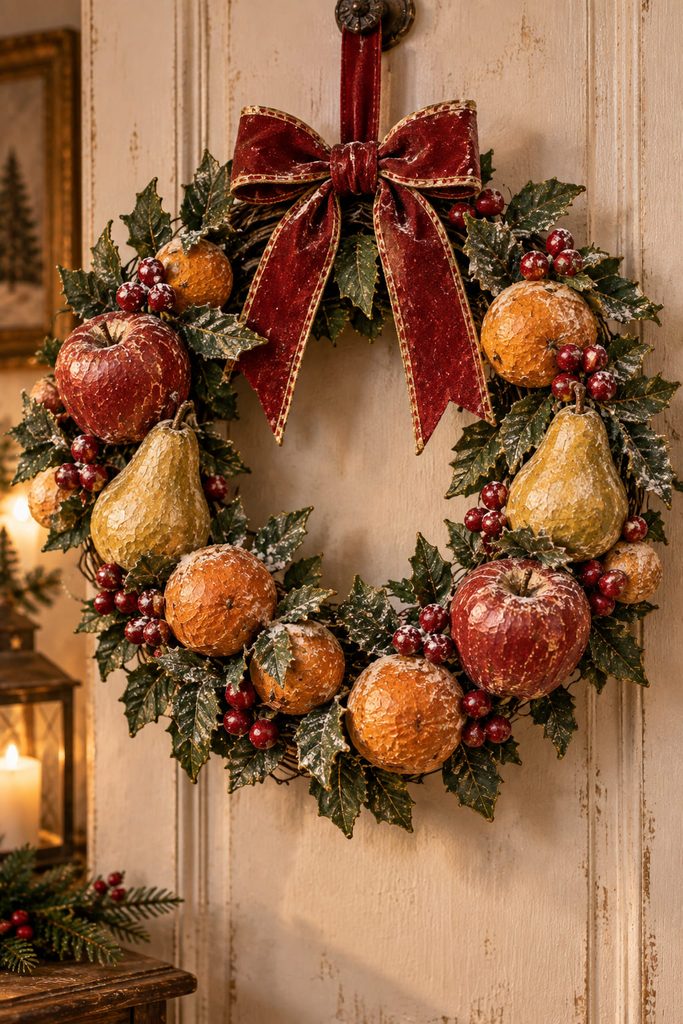 Vintage-style paper-mache Christmas wreath with dimensional apples, pears, oranges, paper leaves, and visible negative space.
