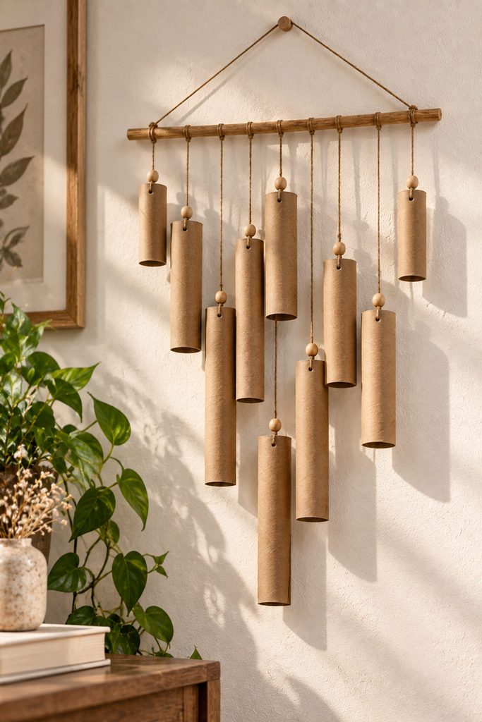 Cardboard tube rods hanging at varied lengths from a slim dowel as an airy wall mobile.