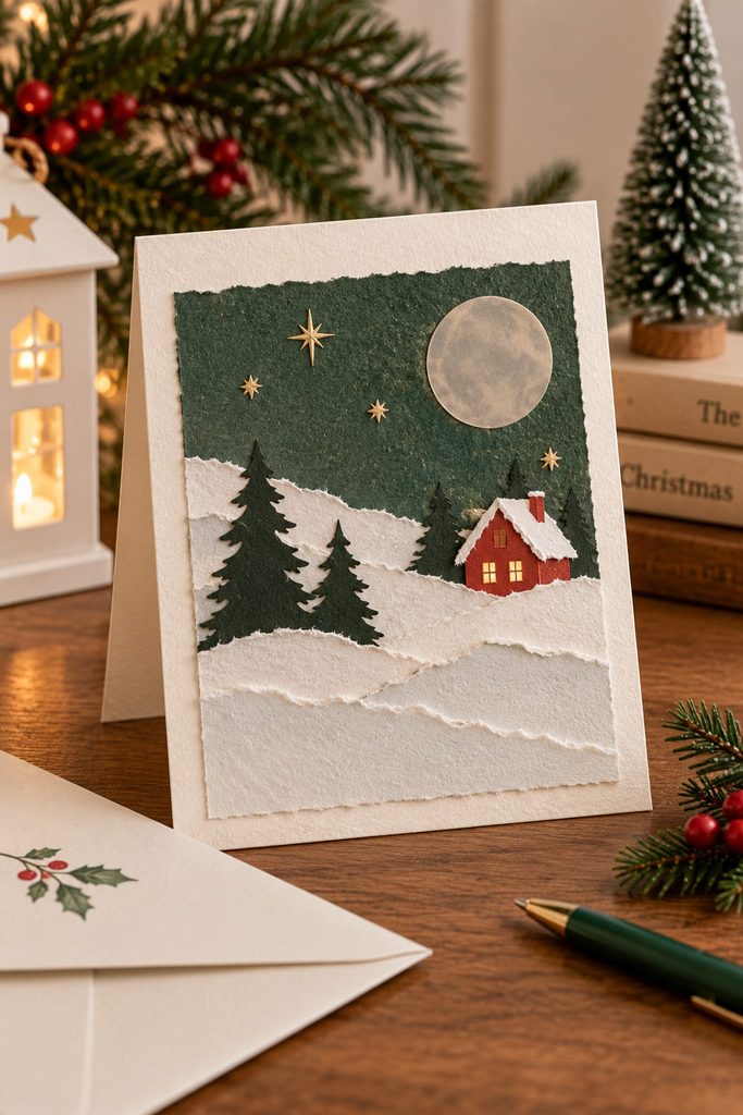 Handmade Christmas card with torn white paper snowbanks, evergreen silhouette, and vellum moon.