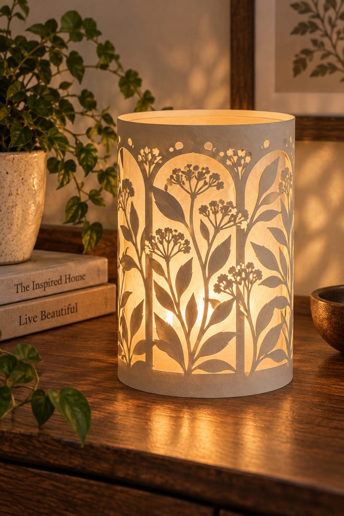 Vellum-lined papercut lantern with botanical openings glowing softly from a cool battery-powered LED.
