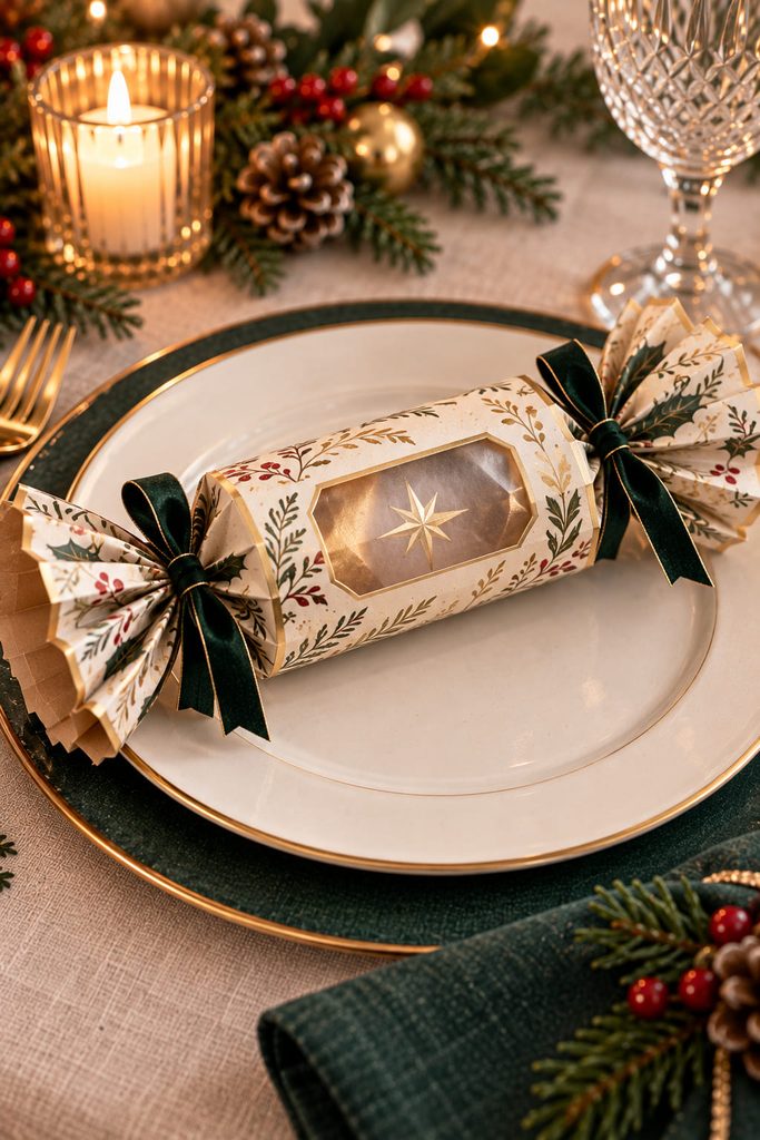 Cardstock Christmas cracker with a vellum-backed window revealing a gold inner band.
