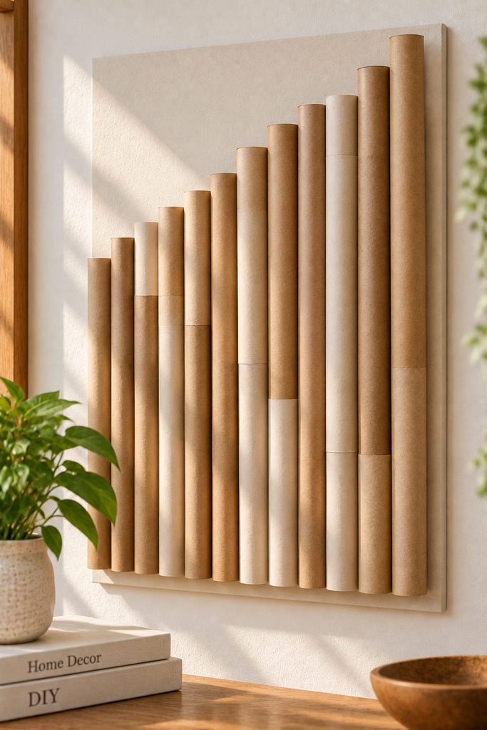 Vertical cardboard tube wall panel with rounded reed-like ribs and a stepped top edge.