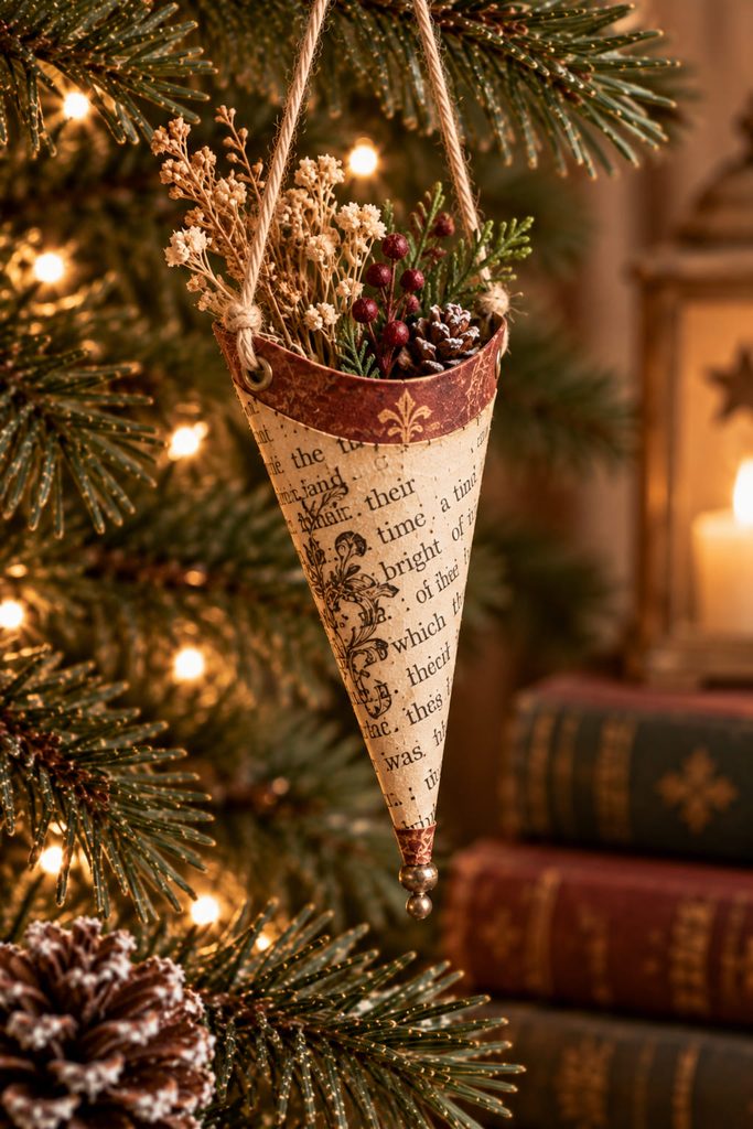 Vintage book-page cornucopia ornament holding one delicate dried grass sprig.