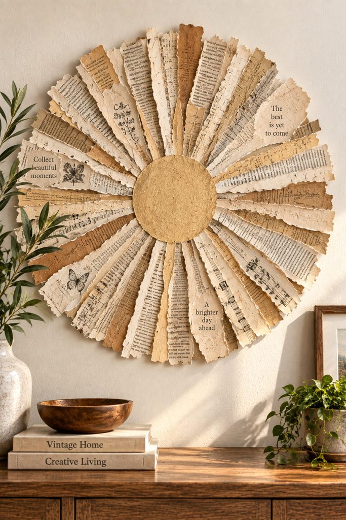 Round sunburst wall panel made from tapered torn vintage-style printed paper wedges.