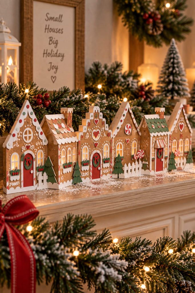 Accordion-fold gingerbread village book standing in a zigzag row across a holiday mantel.