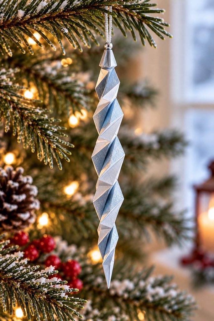 Silver-blue accordion-twist paper icicle with a helical folded pattern hanging vertically from a branch tip.