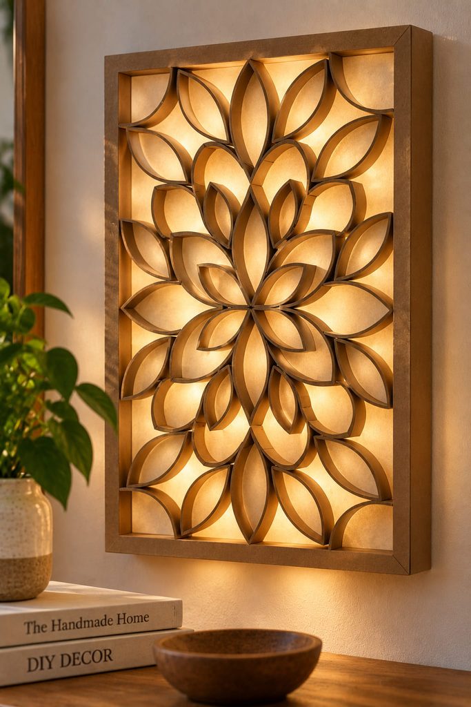 Backlit cardboard tube wall art glowing through vellum behind an open geometric pattern.