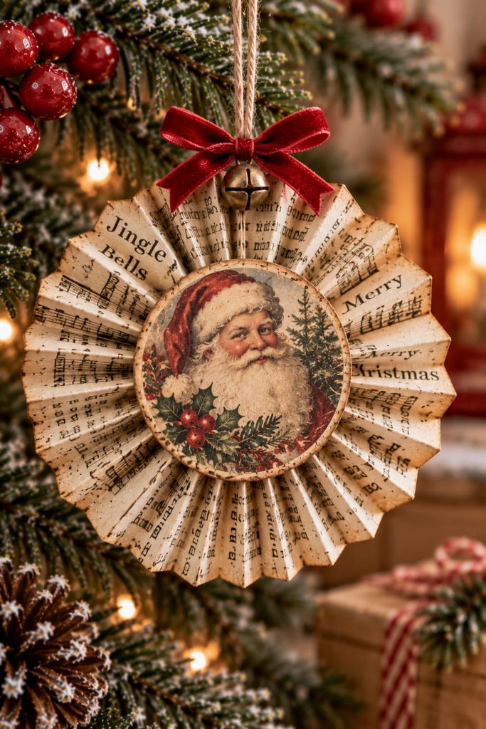 Accordion book-page rosette ornament with a small vintage Christmas ephemera medallion.