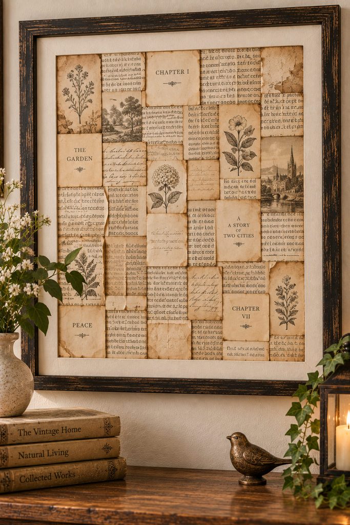 Framed typography patchwork made from aligned and staggered fragments of old book pages.