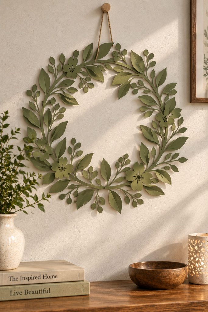 Olive paper wreath cut as one continuous ring with connected leaves and a simple hanging loop.