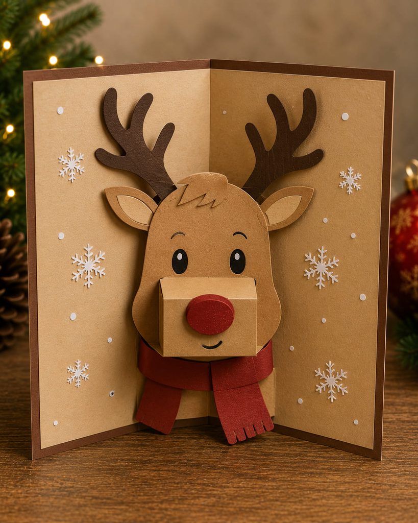 Paper reindeer face with a shallow projecting muzzle and dark red nose inside an open tan card.