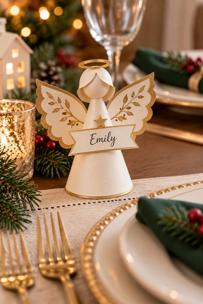 Freestanding paper cone angel place card beside a holiday dinner setting.