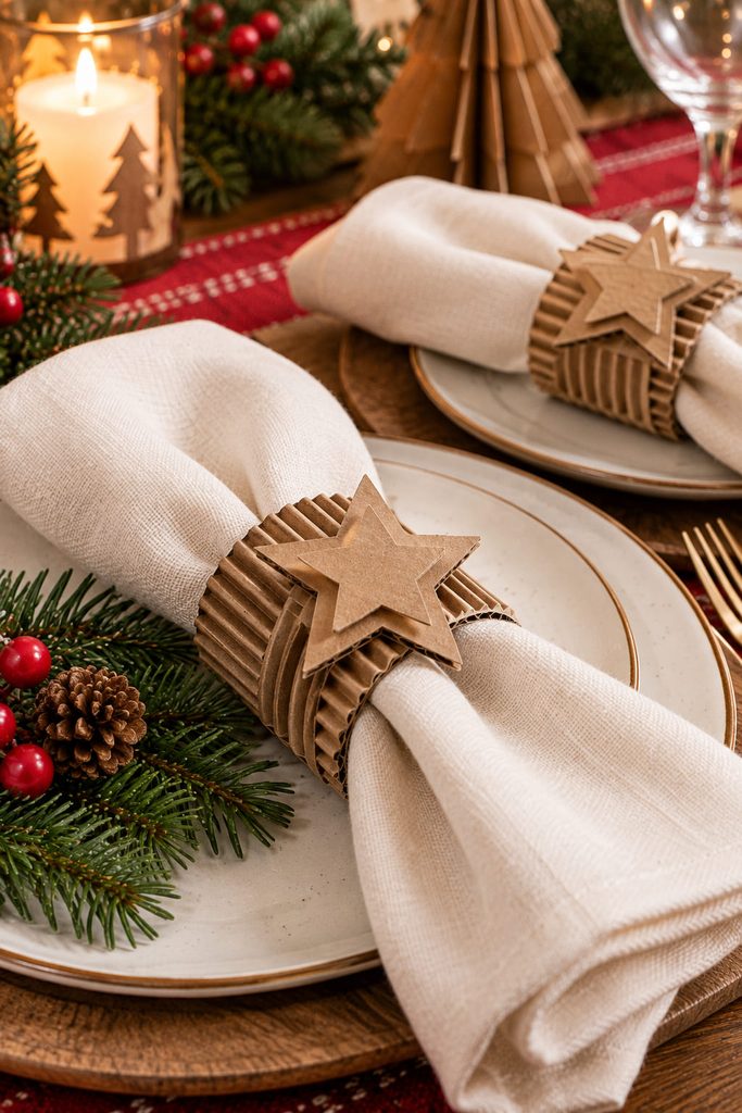 Corrugated cardboard star napkin rings around cream napkins on a Christmas table.