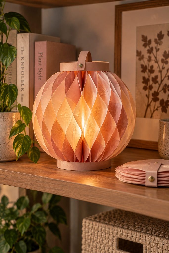 Expandable honeycomb tissue paper lantern opened around a separate battery LED base.