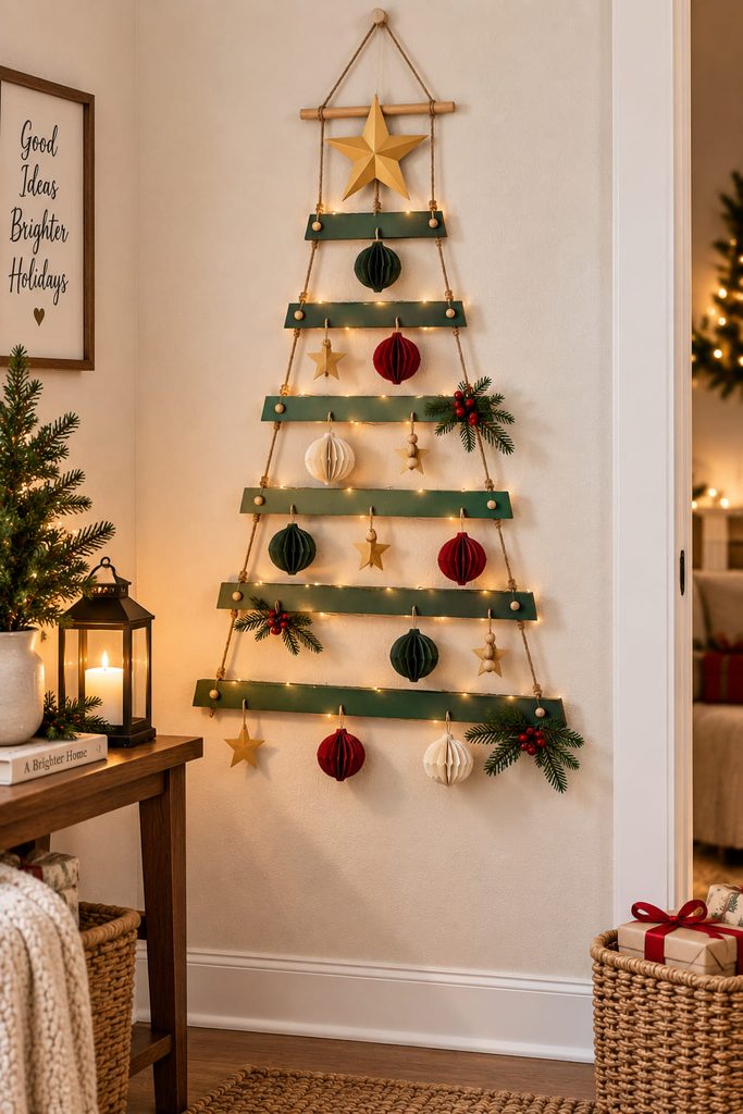Graduated paper bars suspended on two cords to create a fold-flat Christmas tree wall hanging.
