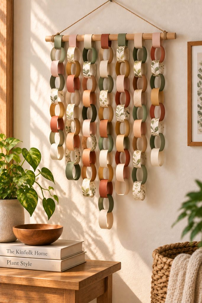 Interlinked paper loop chains forming a waterfall-style wall hanging.