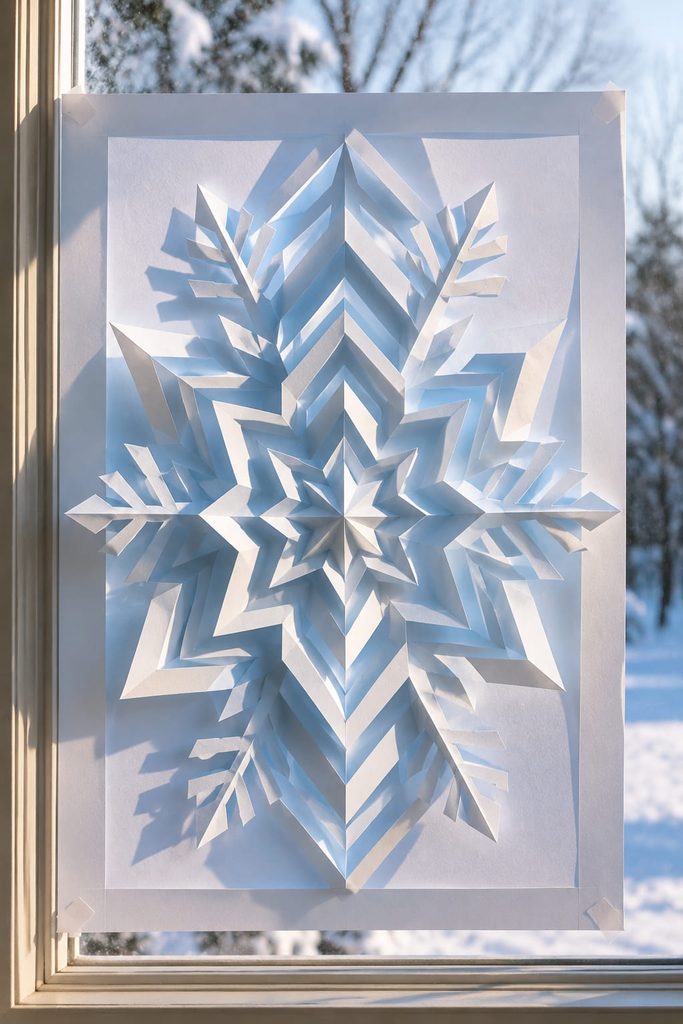 Kirigami snowflake window panel with nested paper sections folded into stepped relief.