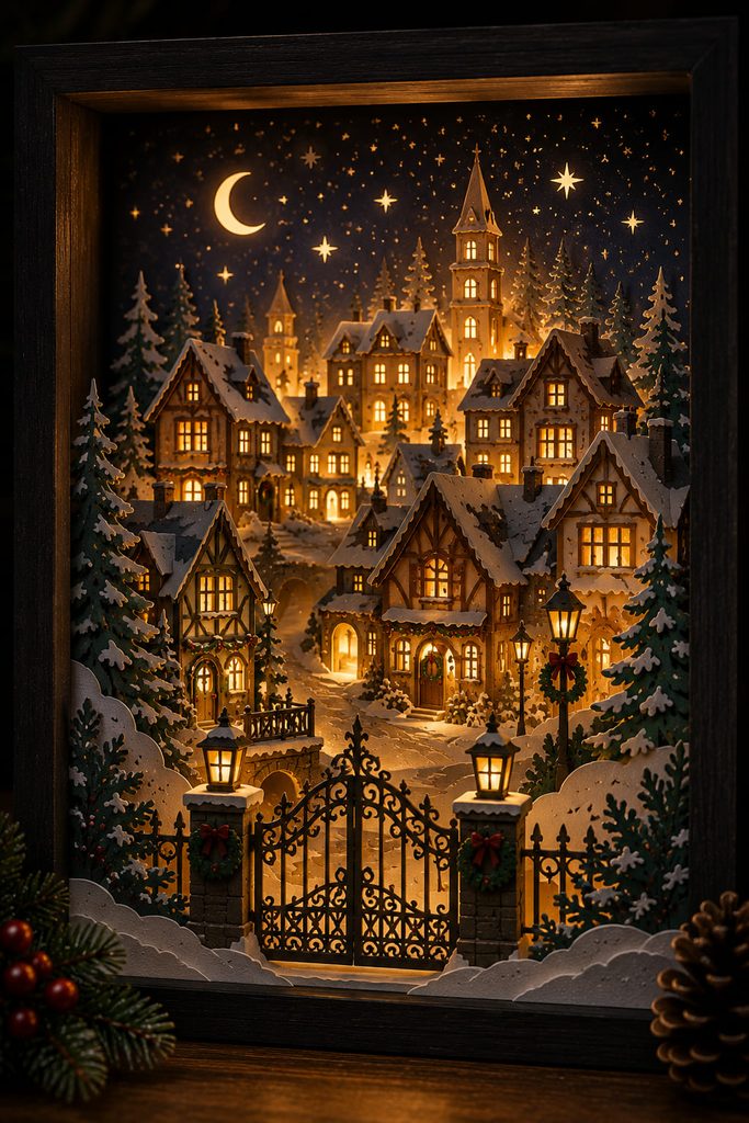 Deep layered Christmas village light box with illuminated windows and staggered paper architecture.