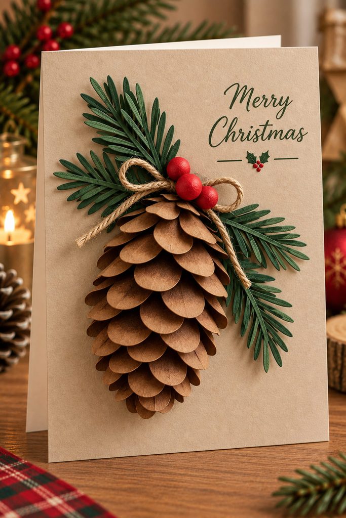 Layered brown paper pinecone with curled scales and evergreen sprigs on a kraft Christmas card.