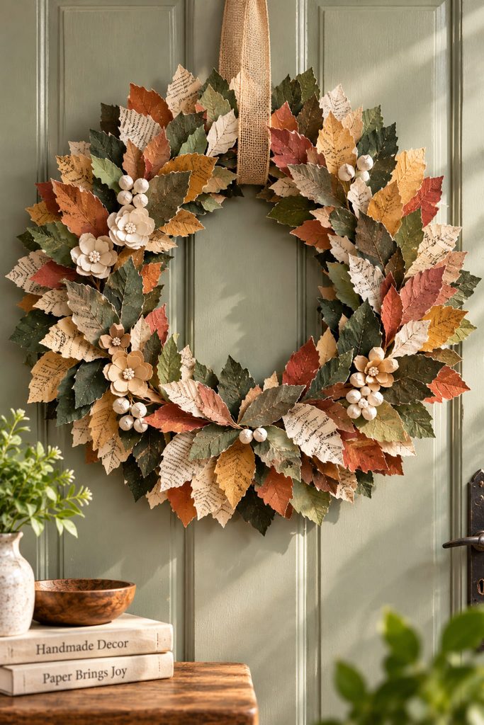 Open-center wreath covered with layered torn paper leaves on a rigid circular base.