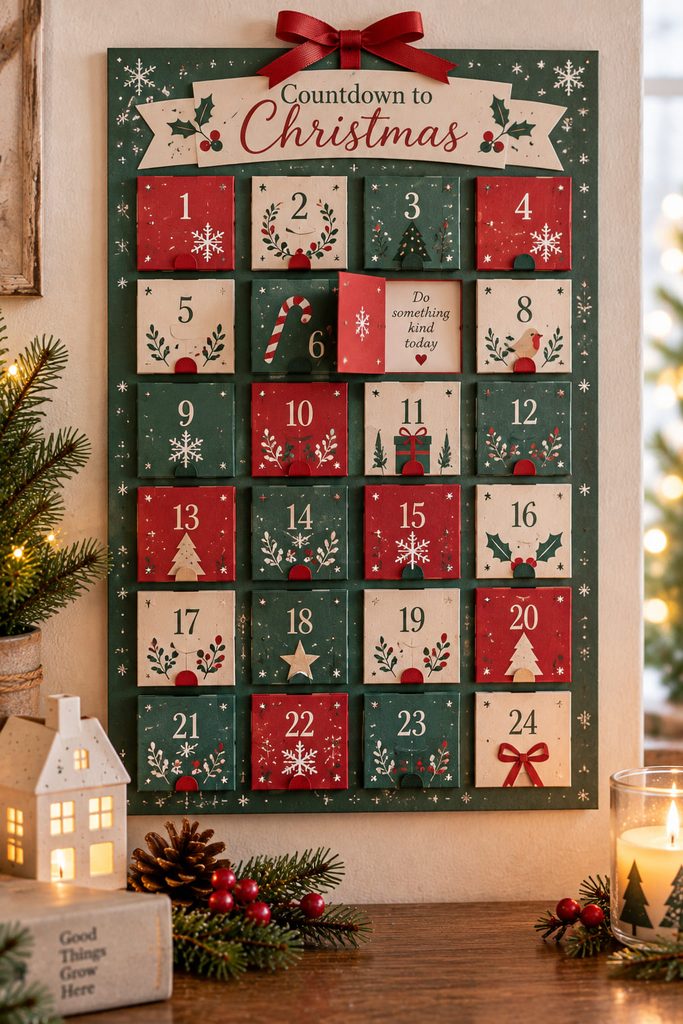 Handmade lift-the-flap advent poster with one small paper door opened.