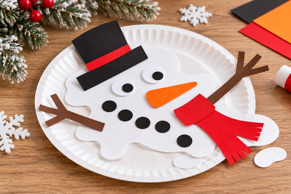 Melted snowman paper plate craft with scattered hat and carrot nose