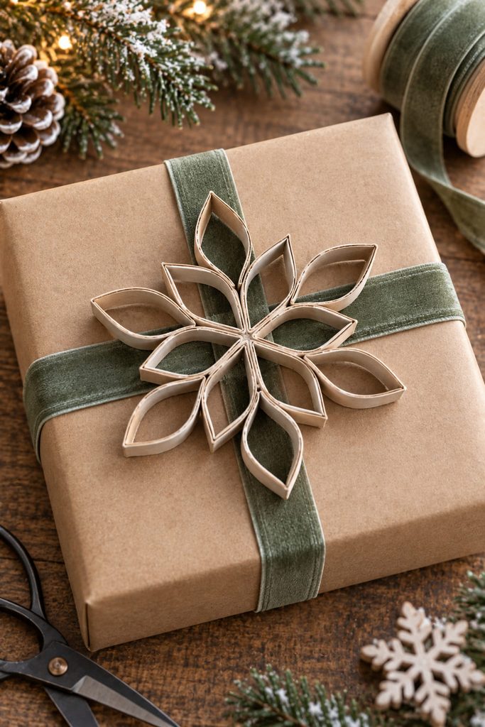 Small flat cardboard snowflake used as a gift topper on kraft paper with narrow ribbon.