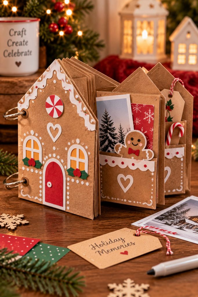 Gingerbread house mini album made from stacked kraft paper bags with binder rings and pull-out pocket inserts.