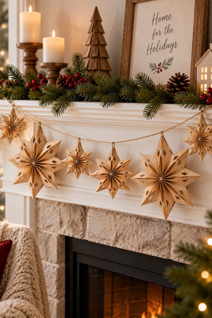 Compact kraft star decorations spaced along a twine garland across a holiday mantel.