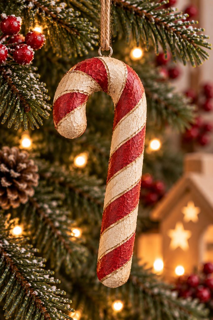 Curved paper-mache candy cane ornament with faded red spiral bands over a cream shell.