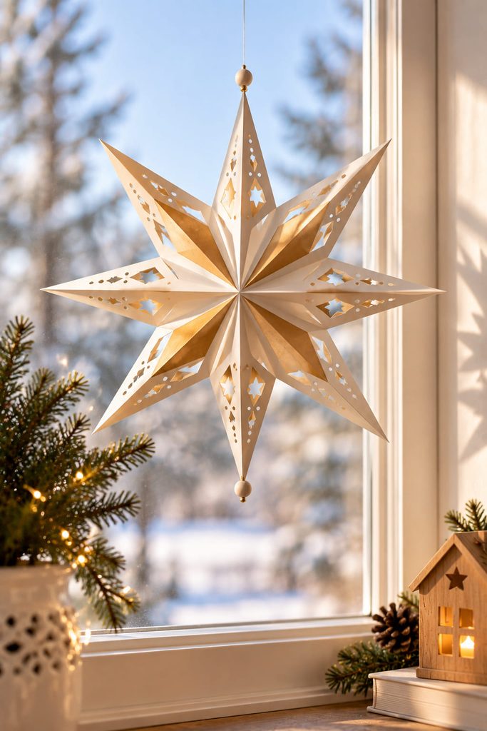 Lightweight double-sided paper star spinner suspended freely in front of a window.