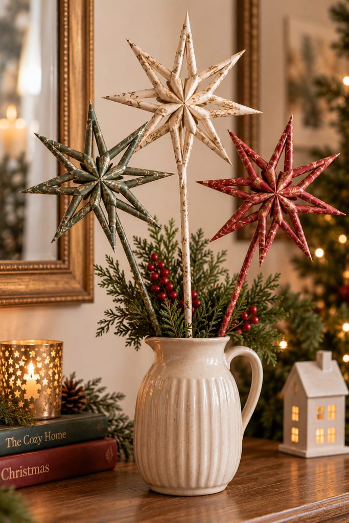 Rolled paper-tube stars on long paper stems arranged in a ceramic vase.