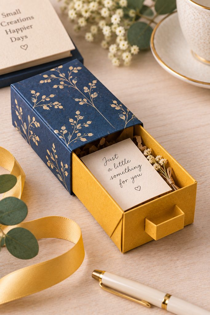 Folded paper drawer box pulled open to reveal a handwritten note.