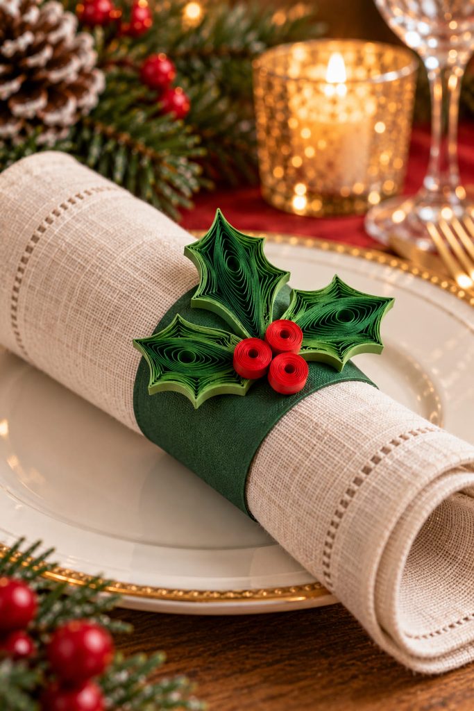 Dark green paper napkin ring decorated with compact quilled holly leaves and red berries.