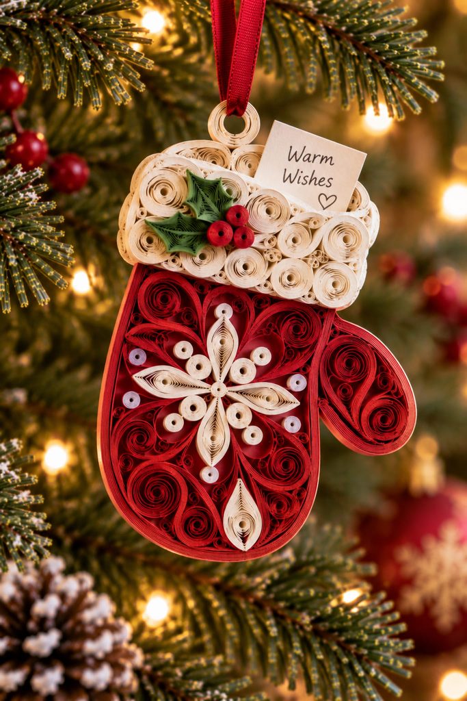 Red mitten wish-pocket ornament with white quilled cuff details and a tiny folded paper note.