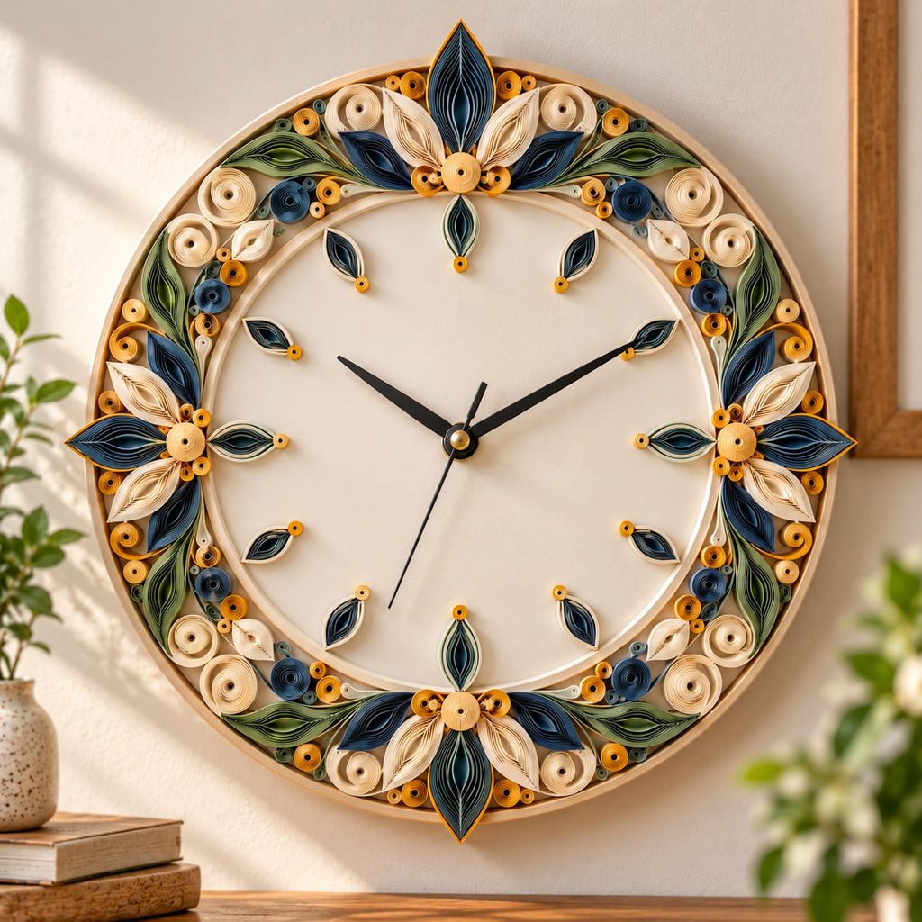 Handmade wall clock with quilled paper hour markers and a clear path for the hands.