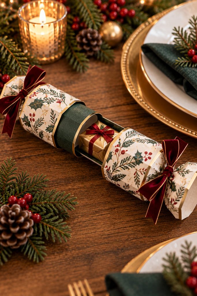 Reusable telescoping paper cracker partially opened to reveal its center collar and wrapped favor.