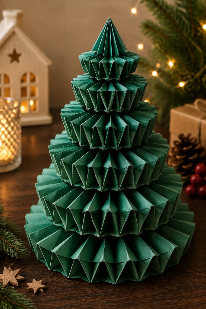 Three-dimensional origami Christmas tree assembled from stacked rings of interlocking modules.