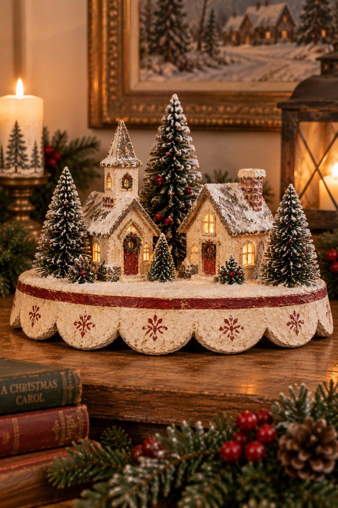 Scalloped paper-mache snow village display riser with a flat cream top, faded red trim, and removable miniature trees.
