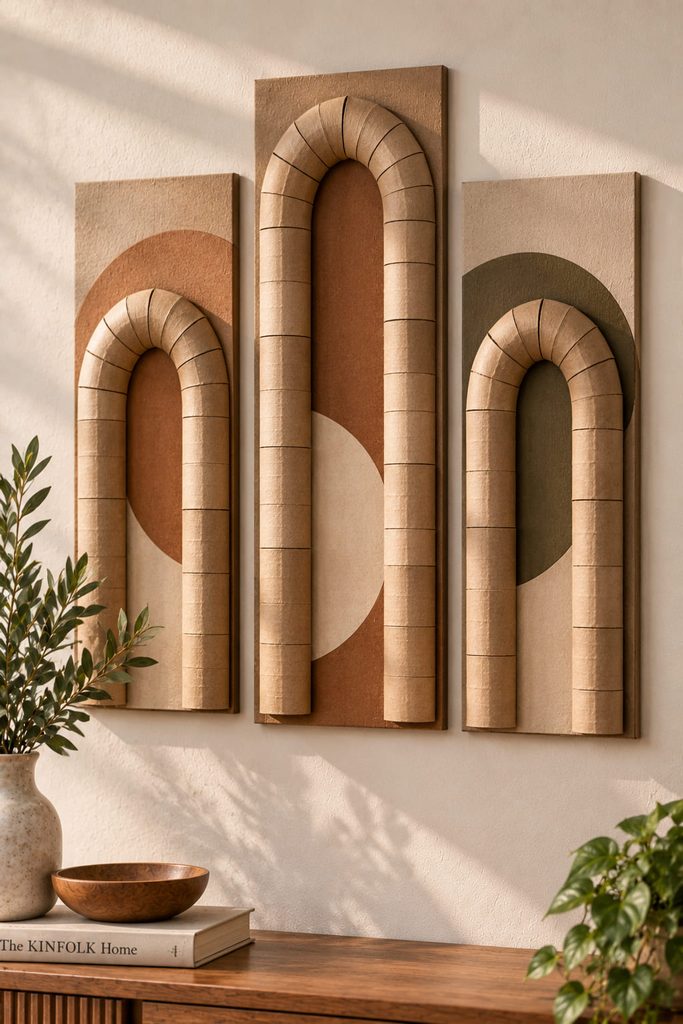 Three wall panels with scored cardboard half-tubes bent into aligned architectural arches.