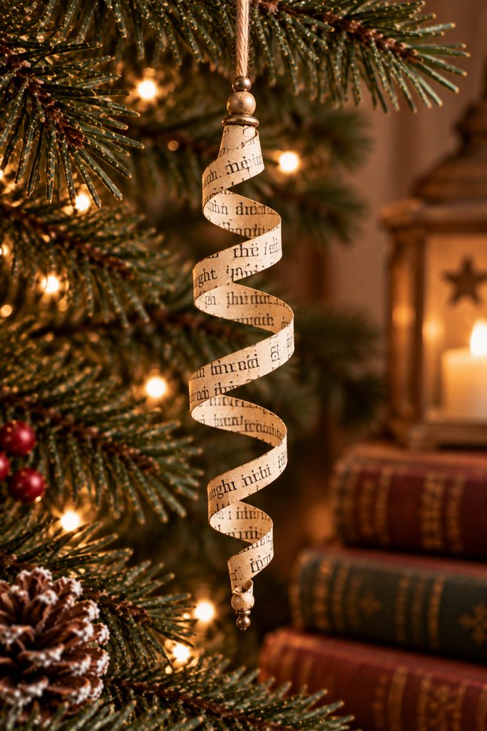 Spiral-cut book-page icicle ornament hanging freely with an open twisting paper curve.